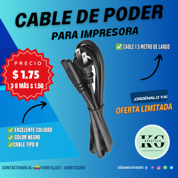 CABLE  PODER TIPO 8 PARA IMPRESORA 1,5M NEGRO