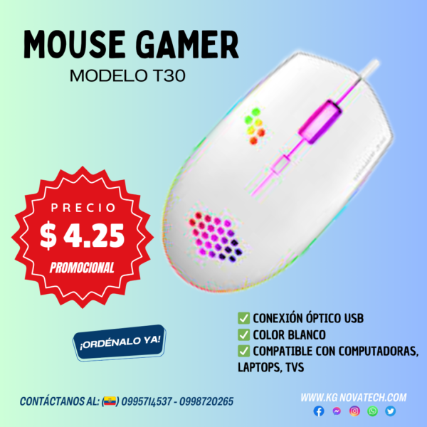 MOUSE GAMER T30 CON LUCES - BLANCO