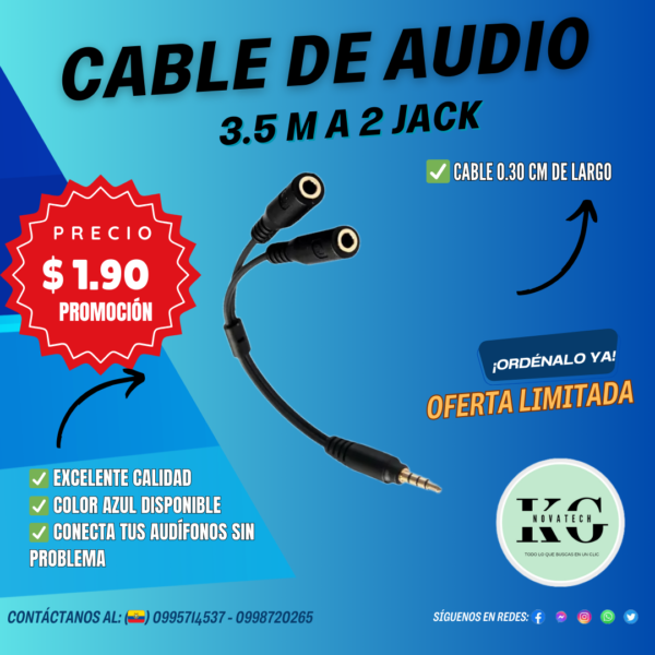 CABLE AUDIO EN Y 3,5 TRIPOLAR A 2 JACK 3,5MM 30CM /AZUL