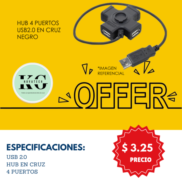 HUB 4 PUERTOS USB2,0 EN CRUZ NEGRO